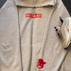 Heavy cotton grey hood with red reloaded logo. Red Tbm logo 