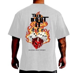 White “Talk Bout it” Heavy-Duty Tee-shirt   Fire and Dice Print (Pre-order)